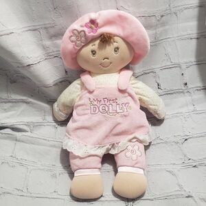 Gund Baby My First Dolly Plush Doll 14" Embroidered Brunette Pink Dress 319893